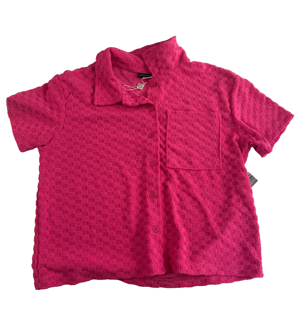 Andy & Evan Terry Cloth Button Up Shirt Textured Checkerboard Hot Pink Medium 10